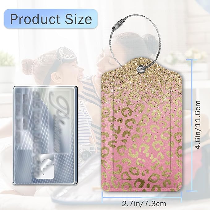 Luggage Tags for Suitcase,Pink Rose Gold Leopard Skin Luggage Tags of Set 2 Leather Identifiers Privacy Cover with Stainless Steel Loop for Women Men Travel Bag Suitcase