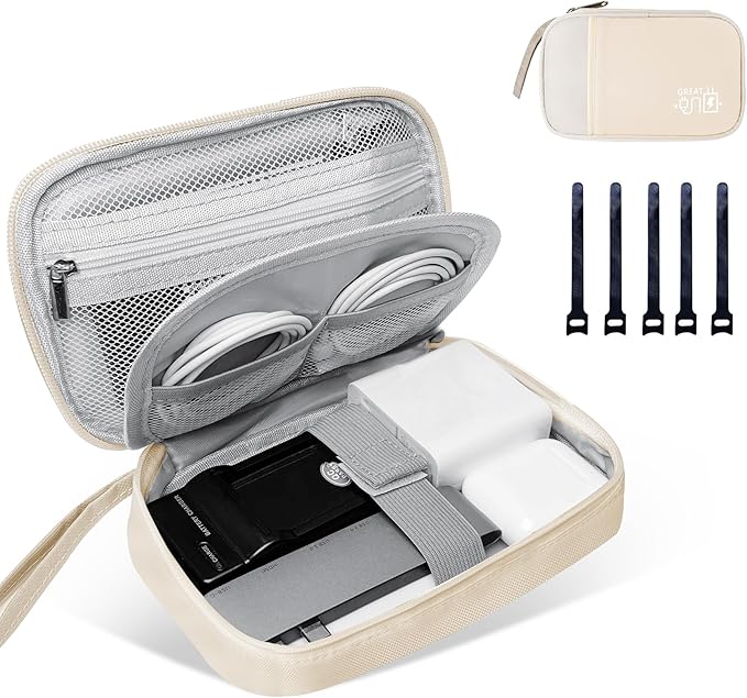Electronics Travel Organizer,Portable Waterproof Electronic Travel Storage Bag for Small Charging Cord Storage,Charger,Small Electronics,SD Card,with 5 Cable Ties,for Travel,Business-Beige