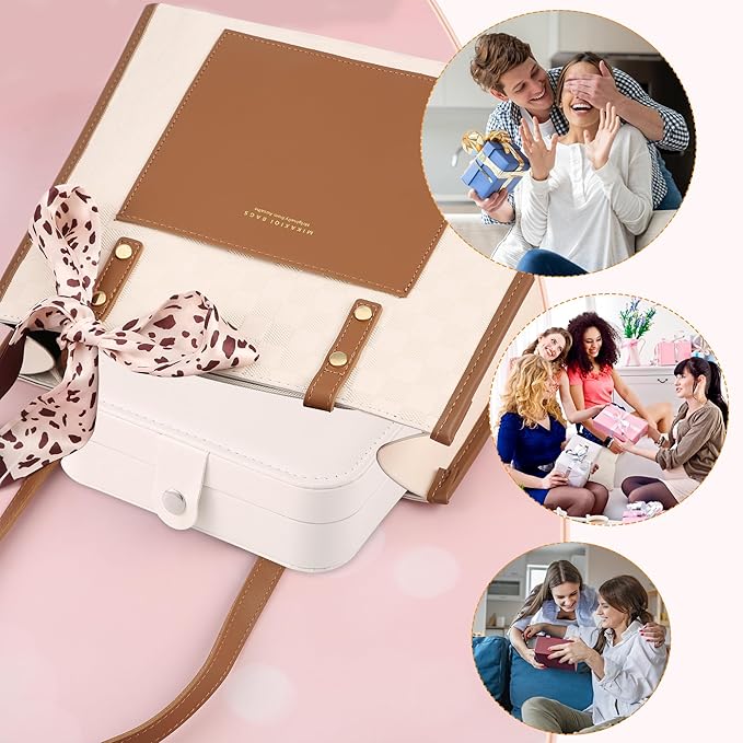 Travel Jewelry Box, PU leather Small Jewelry Organizer For Female Girls, double layer portable mini travel case for storing earrings, rings, necklaces.(Bright White 2pcs)