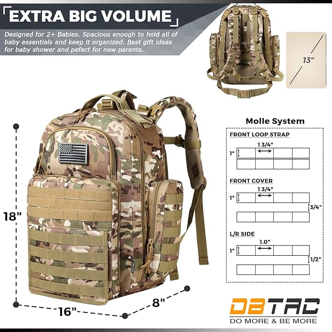 Diaper Bag Backpack for Dad, DBTAC Large Baby Nappy Bag for Men w/Changing Mat, Insulated+Wipe Pockets, Stroller Straps, CP Camo