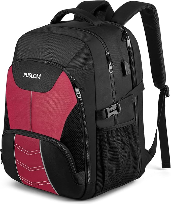 PUSLOM Extra Large Travel Laptop Backpack for Men 55L,Water Resistant 18.4 inch Big Business Laptop bags with USB Charging Port,TSA Friendly Anti Theft Computer Bag for Work College,Red
