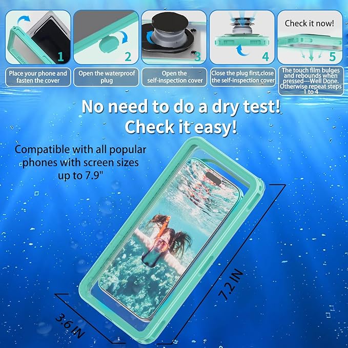 Waterproof Phone Pouch for Snorkeling with Lanyard IPX8 Waterproof Phone Case Underwater Touch/Photo Shockproof Heavy Duty Drop-Proof for iPhone 16 Pro Max/15/14/13 All Cell Phones-Green
