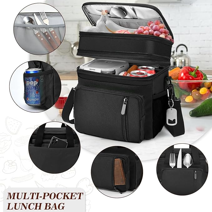 LOKASS Insulated Lunch Box Women & Men Large Adult LunchBag Double-Layer Reusable Lunch Bags Leak-Proof Tote Cooler Bag for Work Picnic Outdoors 16L, Black
