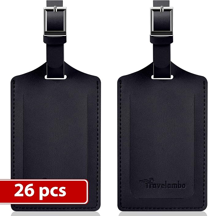 Travelambo Luggage Tags for Suitcases Faux Leather Privacy Protection 26 Pack Bag Tags Travel Accessories Essential, Black