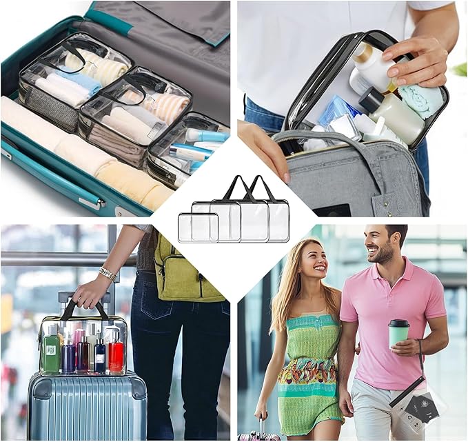 ABSOFINE Clear Toiletry Bag for Travel Size Toiletries, 4 Pack Large Waterproof PVC Makeup Bags with 2 Pack Airport Security Liquids Bags, Travel Essentials toiletry Bottles for Women Girls Men