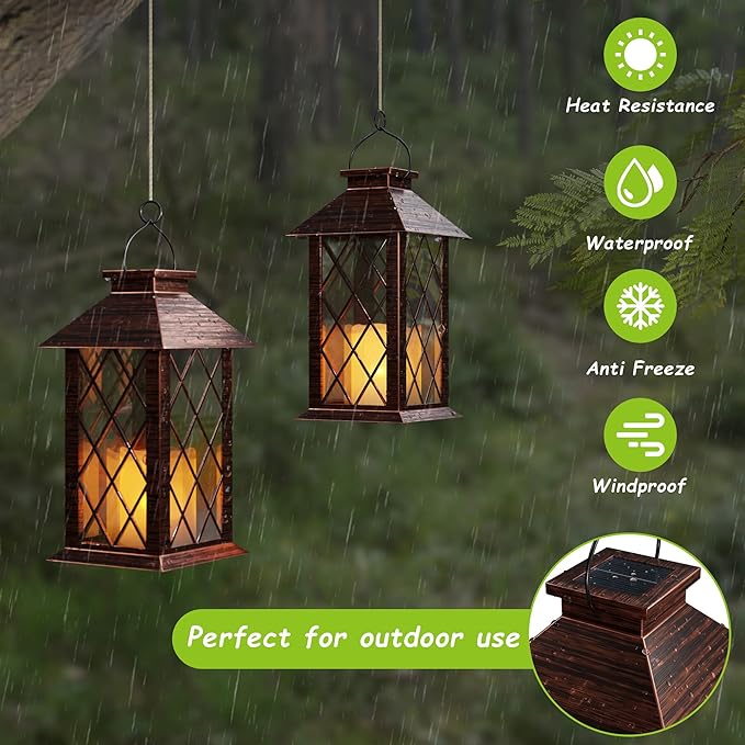 Outdoor Solar Lanterns, Waterproof Hanging Lantern with LED Flickering Flameless Candle, 13'' Bronze Outdoor Solar Powered Lantern Decor for Porch Patio Garden Balcony Pathway, 1 Pack