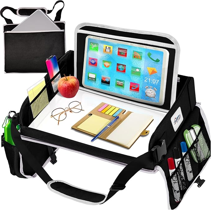 Travel Lap Desk, Travel Tray, Portable Lapdesk for Car, Remote Work, Road Trips, School, Laptop Pad with Storage Pocket, Tablet Holder, Shoulder Strap, Fits up to 15.6-Inch Laptop (Black)