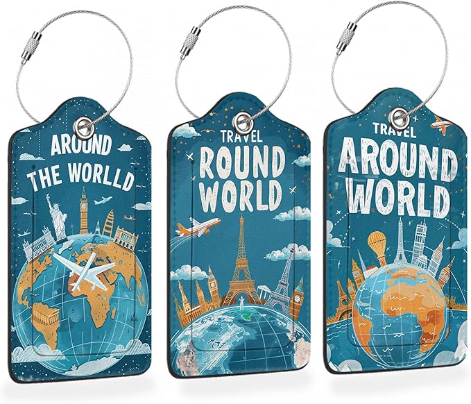 Around The World Travel Art 3 PCS Luggage Tags, Flight Map Leather Suitcase Tags with Privacy Cover Name Address Labels and Durable Steel Loop for Men/Women Travel Bag Suitcases