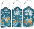 Around The World Travel Art 3 PCS Luggage Tags, Flight Map Leather Suitcase Tags with Privacy Cover Name Address Labels and Durable Steel Loop for Men/Women Travel Bag Suitcases