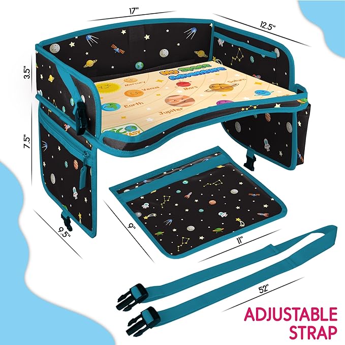 Car Seat Tray for Toddler - Waterproof Carseat Table Top - Kids Travel Tray - Travel and Road Trip Essentials Kids - Lap Desk with Storage -Baby Airplane Travel Accessories (Black)