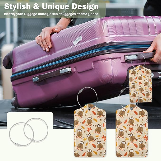 2 Pack Luggage Tags for Suitcase,Autumnal Leaves and Owl Bird Leather Luggage Tag Bag Tags Identifiers Privacy Cover Id Label with Steel Loop for Women Men Girls Boys Travel