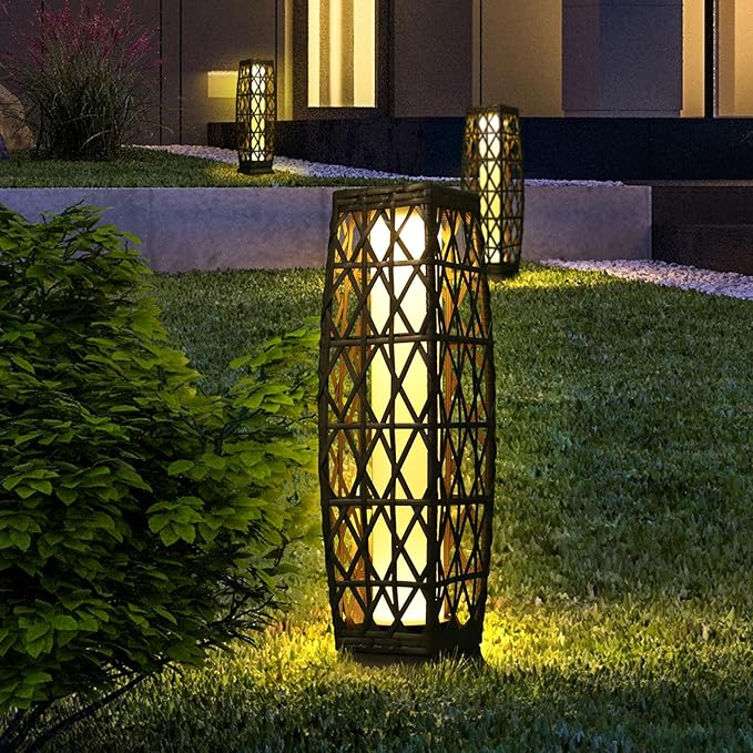 Solar Floor Lamp,Outdoor Floor Lamp,Solar Lanterns Outdoor Waterproof,Solar Powered Resin Wicker Lamp,Weather-Resistant Rattan Deck Light for Porch, Garden,Patio,Deck