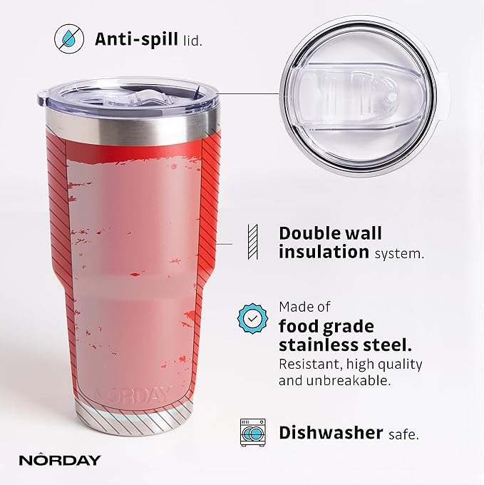 NORDAY | Tumbler with Lid - 30oz - Red Insulated Tumbler - Stainless Steel Tumblers - Double Wall Vacuum Insulated Travel Coffee Mug for Car Cup Holder - Keeps Temperature for 24hr - Anti Spill Lid