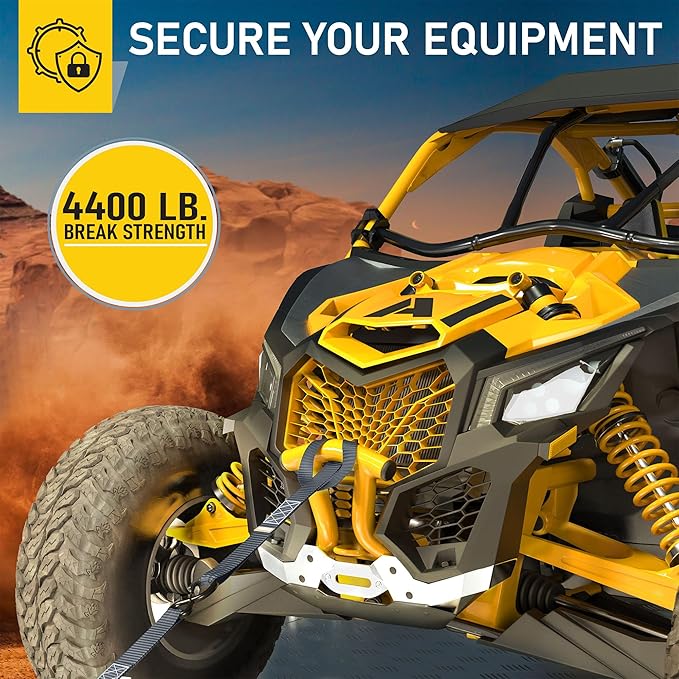 AUGO Heavy Duty Ratchet Straps & Soft Loops – Pack of 4 Extra Strong 1.5” by 10’ Ratchet Straps w/S-Hook Safety Latches & 4 Soft Loop Tie Downs – 4400Lb Break Strength for Motorcycles, ATVs, Etc.