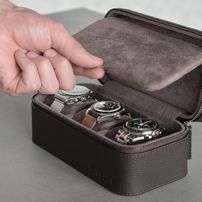 TAWBURY 3 Watch Case Top-Grain Genuine Leather Travel Case Roll for Men - Brown