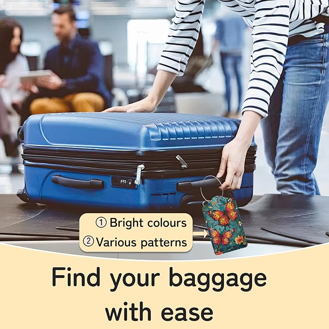 3 Pack Vintage Butterfly Wildflower Luggage Tags for Suitcases,Cute Leather Name Tag with Privacy Cover with Stainless Steel Loops, Travel ID Bag Tags for Women Men