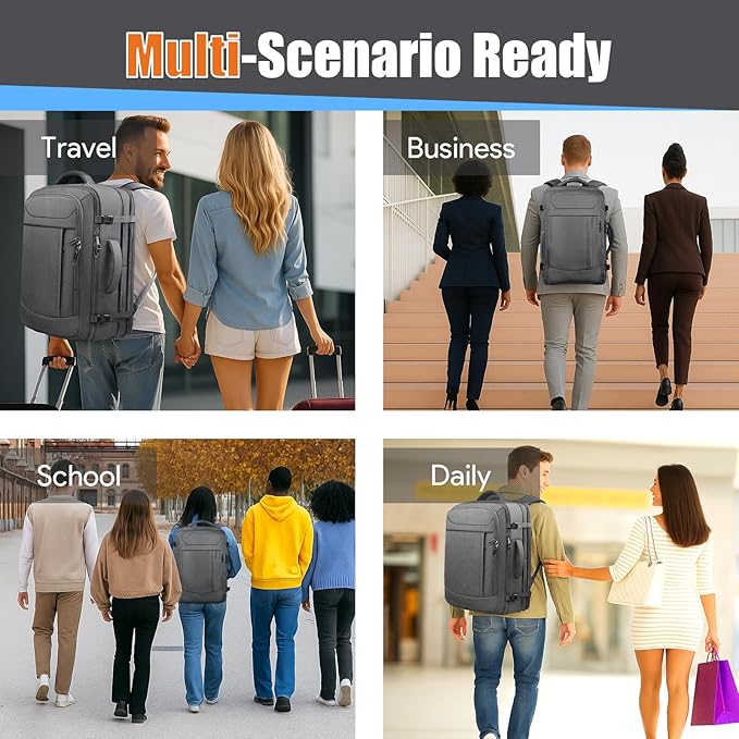 55L Travel Backpack, Carry On Backpack, Expandable 50L - 60L Anti-Theft TSA Flight Approved Large Laptop Bag, Sturdy 18.4 Inch Lightweight Water Resistant Business Bag for Men, Grey