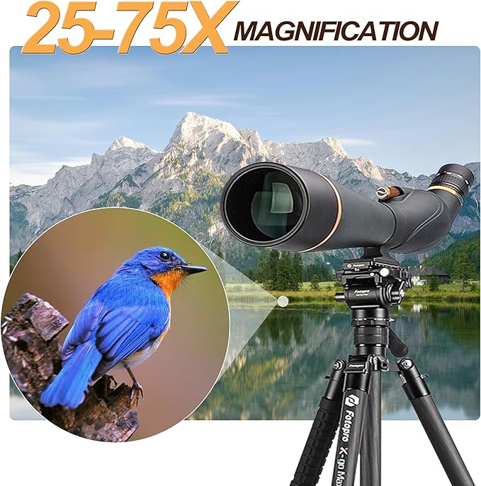 Fotopro 25-75x100 Spotting Scope for Bird Watching, X-Go Max E 2 Carbon Fiber Travel Tripod, Compact and Lightweight for Wildlife and Moon Viewing