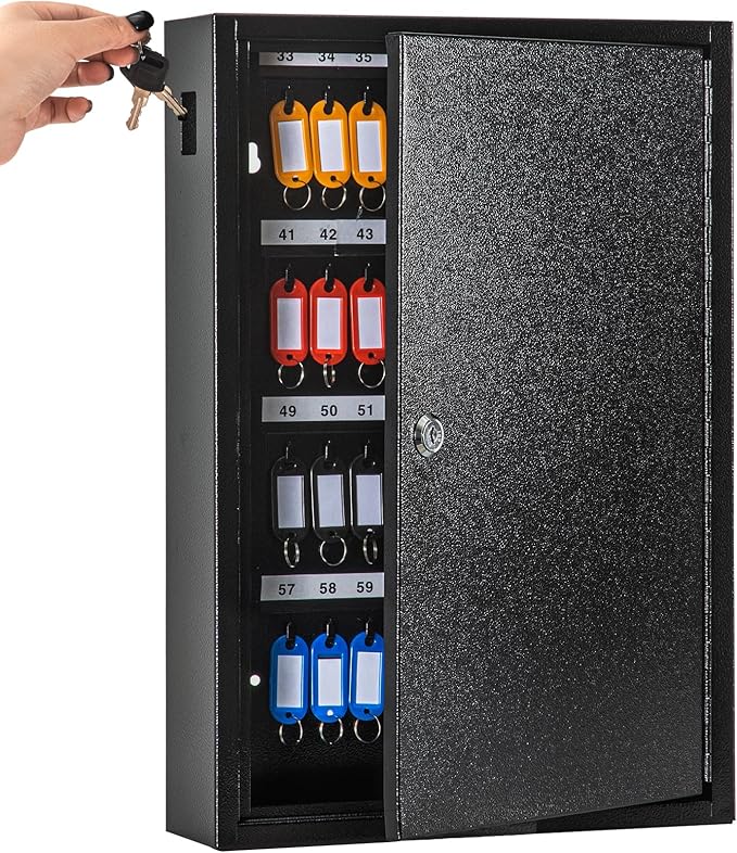 UMEKEN Key Box Wall Mount 64 Position Metal Valet Key Cabinet Lock Box with Key Tags, Key Holder Lockbox Key Organizer Safe Storage Locker Box, Black
