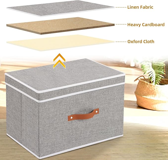 Collapsible Storage Bins with Lids, 1 Pack Linen Foldable Cloth Baskets, 15 x 9.8 x 9.8 Inch Closet Organizer Containers with Double Handles, Sweater Boxes for Bedroom, Grey