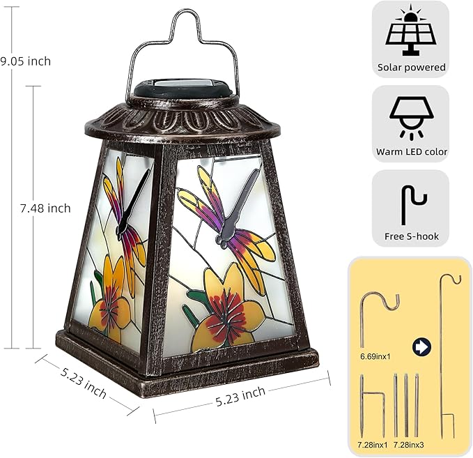 Dragonfly Solar Lantern with Shepherd Hook, Outdoor Hanging Metal LED Garden Light Waterproof for Patio Yard Pathway, Vintage Dragonfly Lantern Decor and Thoughtful Garden Gift for Mom Grandma Women