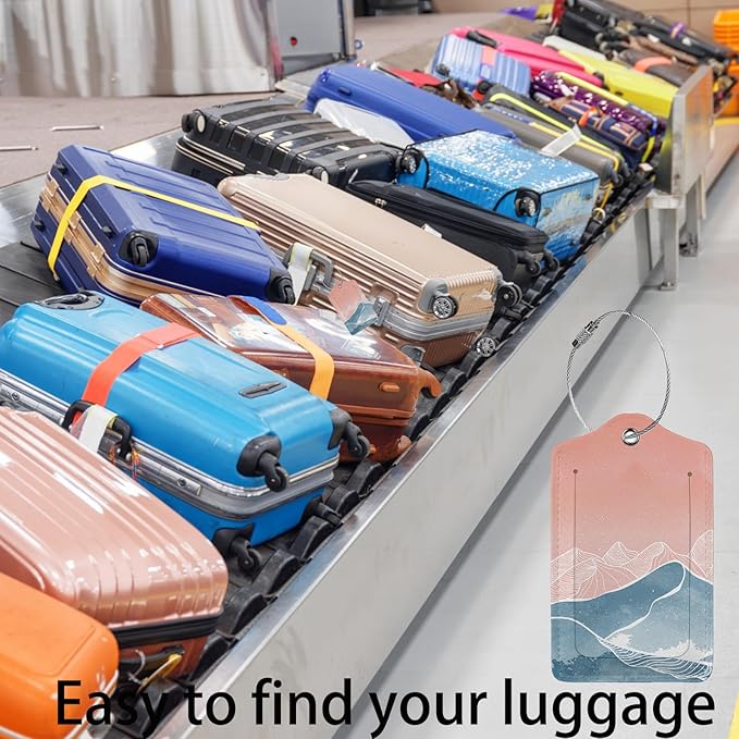 Mountain with Line Art 2 Pcs Luggage Tags,Privacy Cover ID Label with Stainless Steel Loop and Address Card for Travel Bag Suitcase