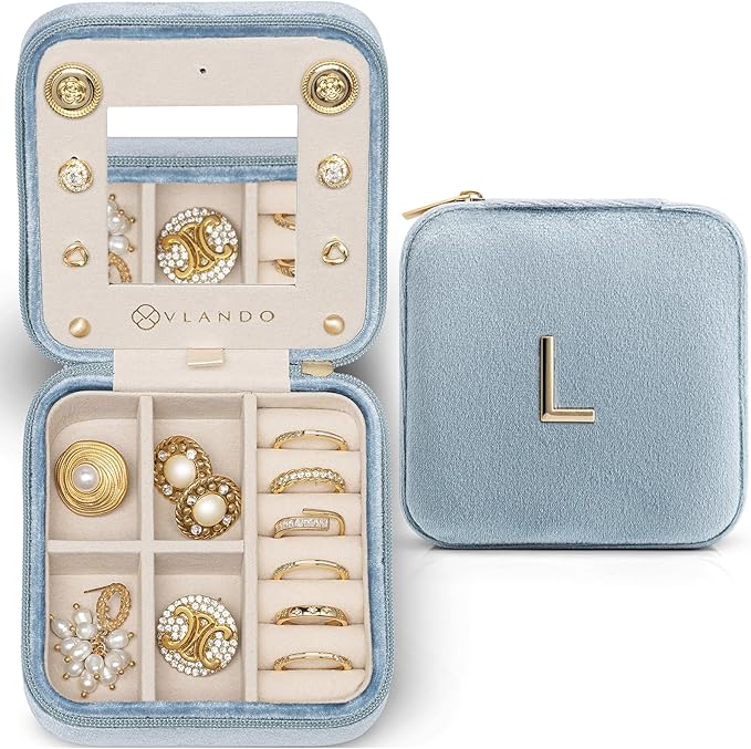 Vlando Travel Jewelry Case for Women Girls, L Initial Travel Jewelry Case, Personalized Mini Jewelry Box, Birthday Gifts for Women Mom Grandma - Letter L, Blue