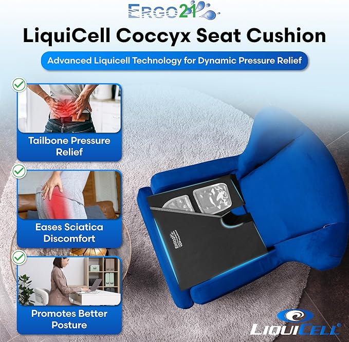 LiquiCell Coccyx Seat Cushion, Aid for Tailbone Pain Relief, Sciatica Pain, Back Support | Donut Like Butt Pillow for Long Hours Sitting at Home/Office Chair (18" W x 17" L x 2" H)