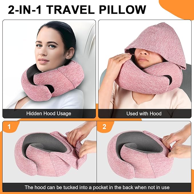 Travel Pillow - Hooded Neck Pillow Airplane Memory Foam Filling for Plane, Office, Cars Sleeping, Road Trip, Long Flights, Portable Plane Accessories, Includes Eye Mask & Earplugs (Red)