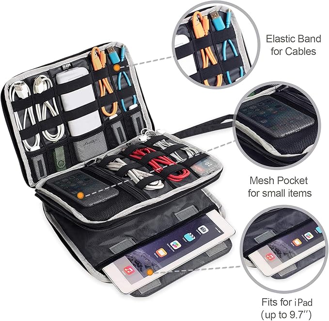 BUBM Double Layer Electronics Organizer/Travel Gadget Bag for Cables, Memory Cards, Flash Hard Drive and More, Fit for iPad or Tablet(up to 9.7")-Large, Blue