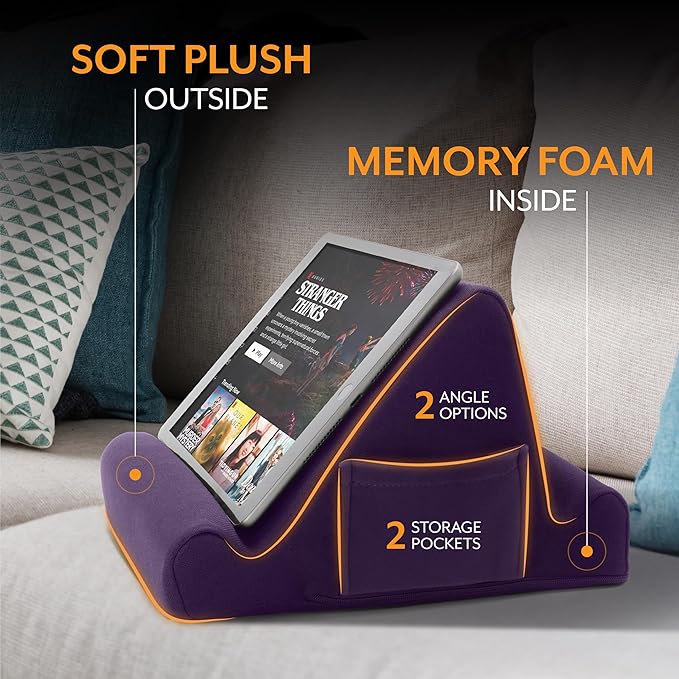 Brookstone, Memory Foam Lap Desk Tablet Holder, Holds Phones, iPads, E-Book Readers, 2 Viewing Angles, 2 Side Pockets for Accessories, Book Holder Cushion, Perfect Home, Car Travel Flights, Purple