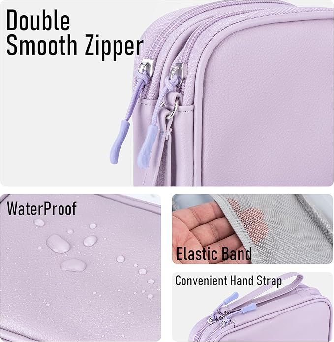 Leather Travel Electronic Organizer - Double Layer, Waterproof Case for Cables, Chargers, Phones & More - Portable, Shockproof Pouch for All Your Electronics Accessories (Light Purple, M)