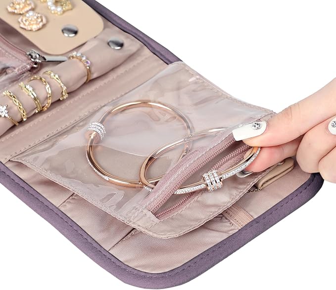 BELALIFE Travel Jewelry Case Organizer, Small Foldable Storage Roll for Earrings, Necklaces, Rings, Bracelets, Brooches, Purple