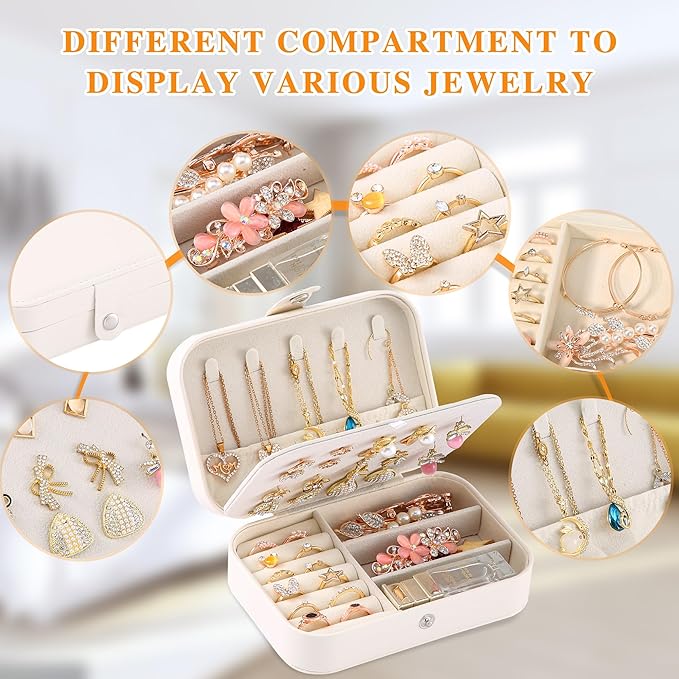 Travel Jewelry Box, PU leather Small Jewelry Organizer For Female Girls, double layer portable mini travel case for storing earrings, rings, necklaces.(Bright White)