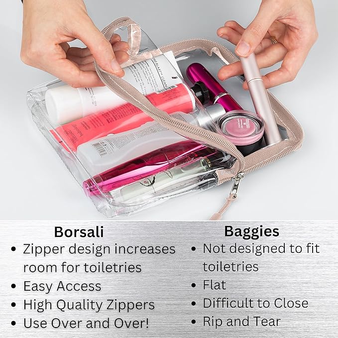 BORSALI TSA-Approved Quart-Sized Bag for Carry-On Travel - One (1) Quart Clear Toiletries, Cosmetic and 3-1-1 Liquids Toiletry Bag - Taupe