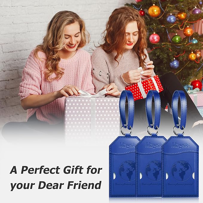 Mayski Luggage Tags for Suitcases 3 Pack Suitcase Bag Tags, TSA Approved, Metal Buckle, Bag Tags with Name ID Card Travel Essentials, Blue Global