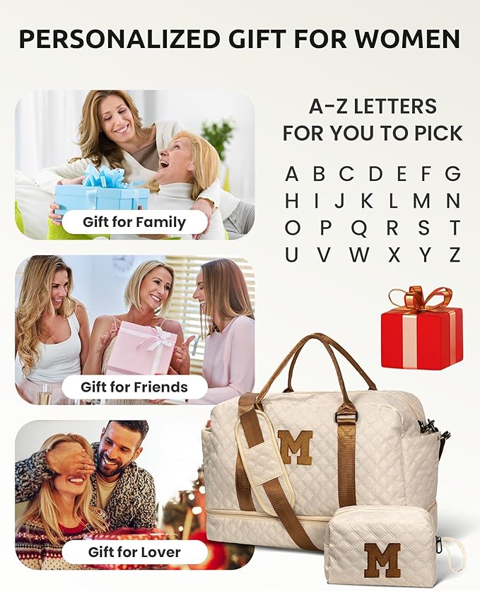 Gifts for Teenage Girls - Personalized Letter Duffle Bag with Shoe Compartment, Kids Overnight Bag, Women's Travel Bag, Gift for Women Friend (Letter A)