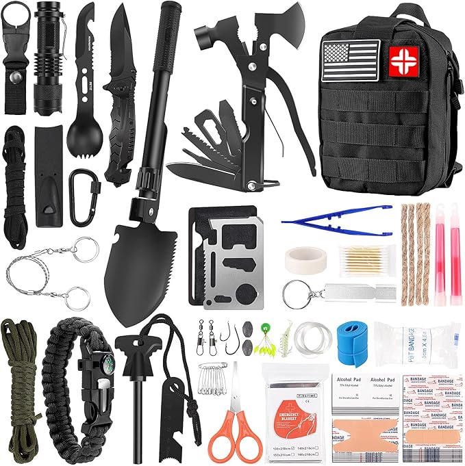 Emergency Survival Kit and First Aid Kit, 142Pcs Professional Survival Gear and Supplies Equipment with Molle Pouch, Gift for Christmas Men Dad Husband Camping Hiking Hunting Outdoor Adventure