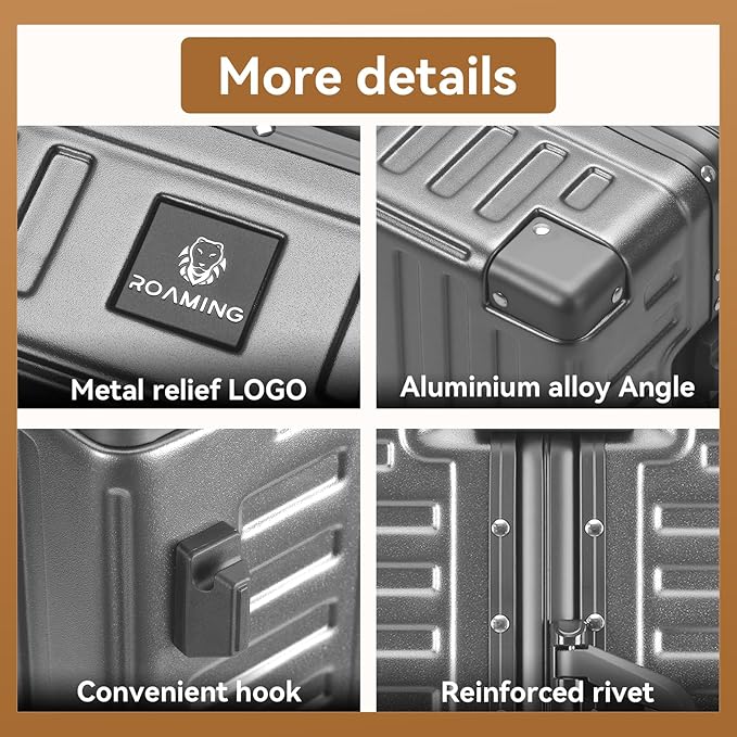 ROAMING Zipperless Luggage 22 Inch with Aluminum Frame, Polycarbonate Trunk-Medium Lightweight Hard Shell Suitcase with Spinner Wheels, Metal Travel Luggage with Double Tsa Locks, gray