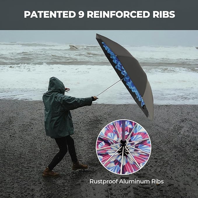 Compact Inverted Travel Umbrella, Automatic Open Close, 9-Rib 46 Inch Windproof Umbrella, Waterproof UPF 50+, Portable Umbrellas for Men, Women, Travel, and Daily Use