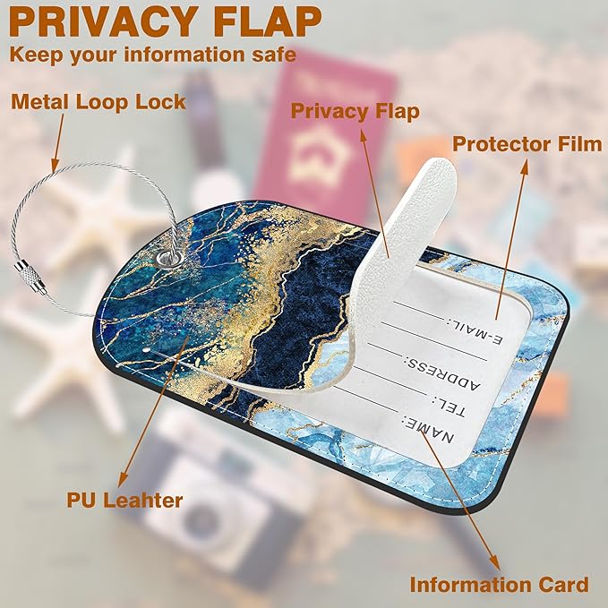 2 PCS Leather Luggage Tag for Suitcase Abstract Marble Travel Suitcase Labels with Privacy Name ID Label and Stainless Steel Loop for Adults Teens Travel Bag Labels Set