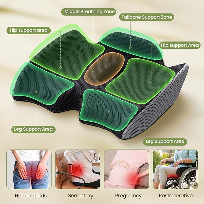 Benazcap Pressure Relief Seat Cushion for Tailbone Pain Office Chair Cushion for Butt, Back Pain, Coccyx & Sciatica Pain Relief Pillow. Memory Foam Seat Cushions for Office Chairs