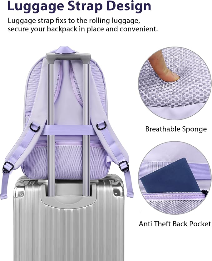 MATEIN College School Backpack for Women, 17 Inch Large College Laptop Bookbag TSA Approved, Anti Theft Multiple Pockets Computer Carry On for Work Travel, Light Purple