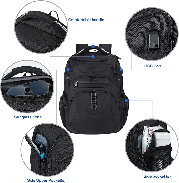 KROSER TSA Friendly Travel Laptop Backpack 18.4 inch XXXL Gaming Backpack Water-Repellent College Daypack Business Backpack with RFID Pockets & USB Port for Men/Women-Black