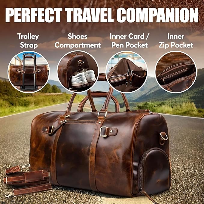 ELIZO Leather Duffle Bag For Men Women Real Full Garin Custom Travel Overnight Weekender Carry On Luggage Sports Gym Bags (Antique 20 Inch) Legacy