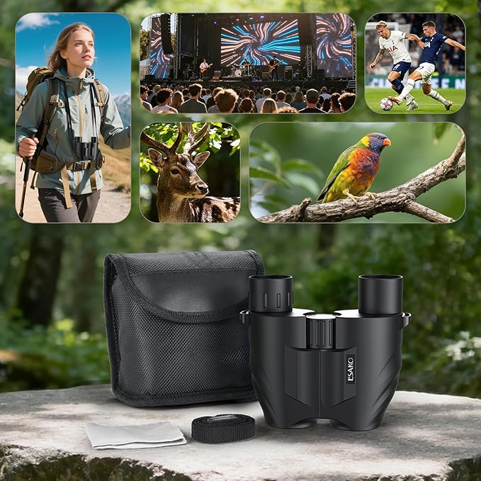 ESAKO 12x30 High Powered Binoculars for Adults & Kids, Compact Waterproof Binocular with Low Light Vision & Large Eyepiece, Easy Focus Small Binoculars for Bird Watching, Hunting, Travel, Sightseeing