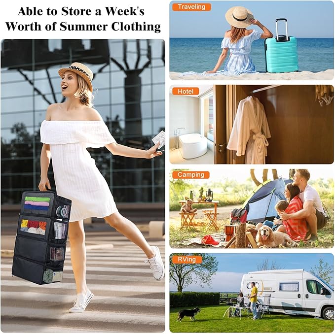 Hanging Travel Organizer, Carry-on Luggage Suitcase Organizer, Portable Shelves Packing Cube for Cruise Essentials, Small, Black