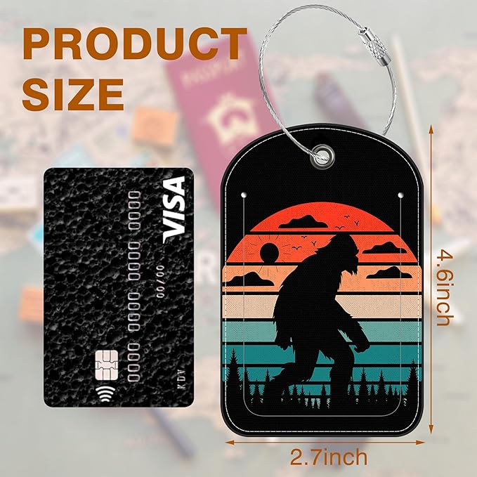 2 Pack PU Luggage Tags for Suitcase, Sasquatch Sunset Suitcase Tag Leather ID Label Bag Tags with Privacy Cover and Metal Loop for Men Women Travel Bag