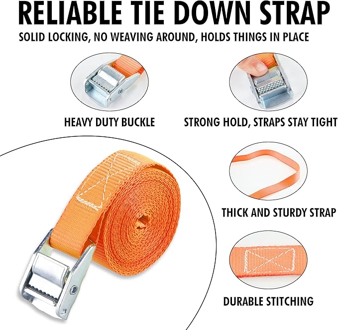 Cartman 1" x 12'Lashing Straps Cargo Tie-Down Strap Up to 600lbs, 10pk in Carry Bag, Orange