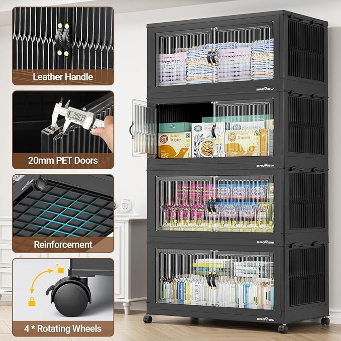 BROVIEW 600Qt Extra Large Stackable Storage Bins with Lid, Closet Organizer Collapsible Drawer Boxes with Wheels, Folding Plastic Cabinet Containers for Home Kitchen Room Organization, 3Pack Black